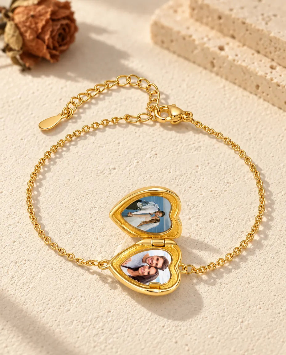 Bracciale portafoto a cuore aperto, con due foto all’interno