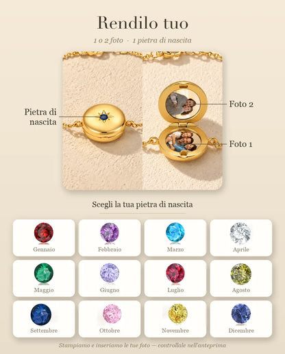Guida alla personalizzazione del bracciale portafoto tondo: Pietra di nascita, Foto 1 e Foto 2