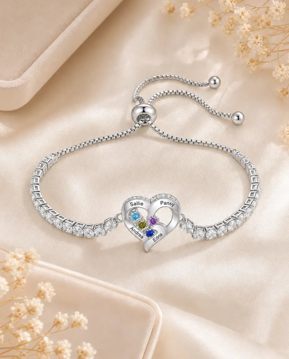 Bracciale Tennis con Zirconi e Cuore Aperto – 2-4 Nomi Incisi e Pietre di Nascita, Regalo Mamma