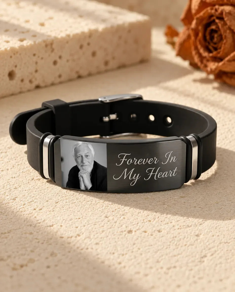 Bracciale Uomo con Foto in Silicone e Acciaio - disteso in piano