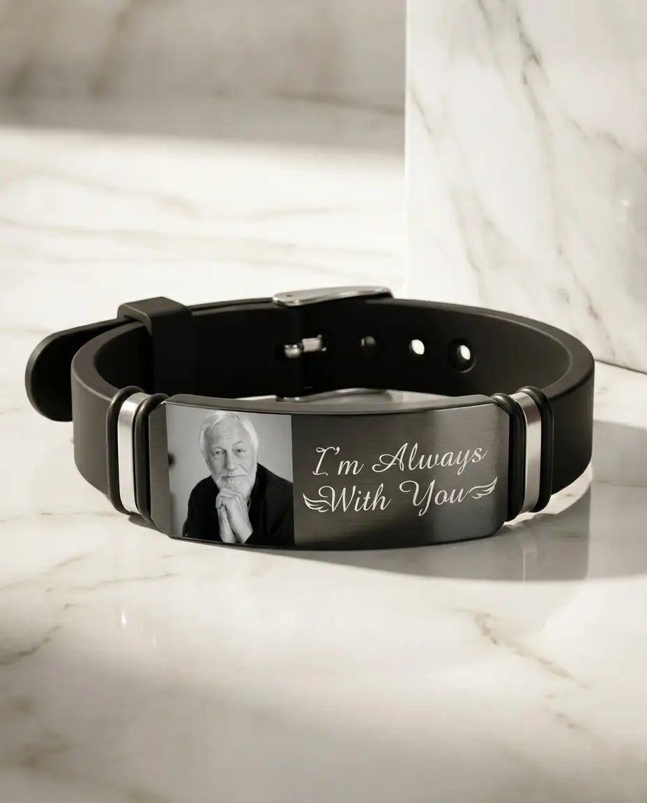 Bracciale Uomo con Foto Dentro in Silicone e Acciaio, Targhetta Incisa Personalizzata, Regalo per Papà