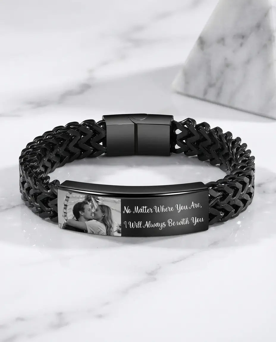 Bracciale Uomo con Foto – Piastra in Acciaio Inox Incisa e Maglia Intrecciata, Regalo per Papà