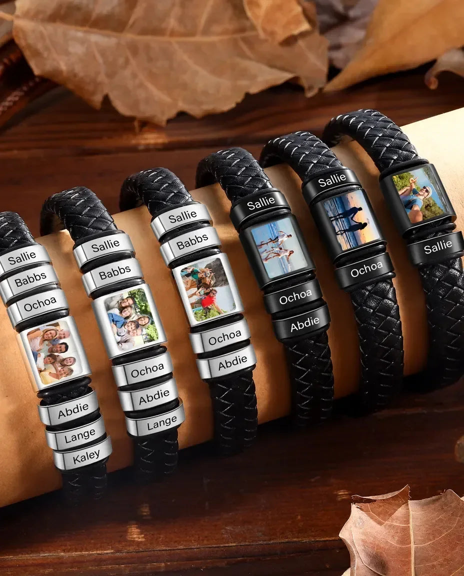 Bracciale Uomo Personalizzato in Cuoio Intrecciato con Foto e 1-6 Perle Incise con i Nomi – Regalo per Papà