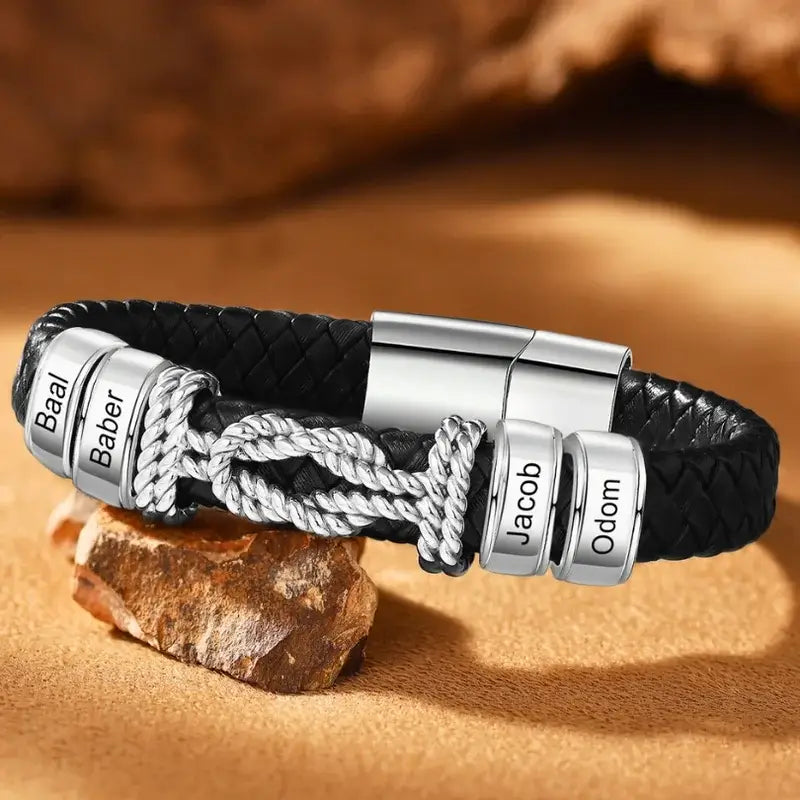 Bracciale Uomo Inciso – Cuoio Nero e Piastra in Acciaio Inox con Nome, Idea Regalo per Lui, Papà, Compleanno