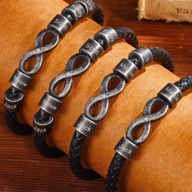 Bracciale Uomo Inciso – Cuoio Nero con Simbolo Infinito in Acciaio e Nome Personalizzato, Regalo per Papà