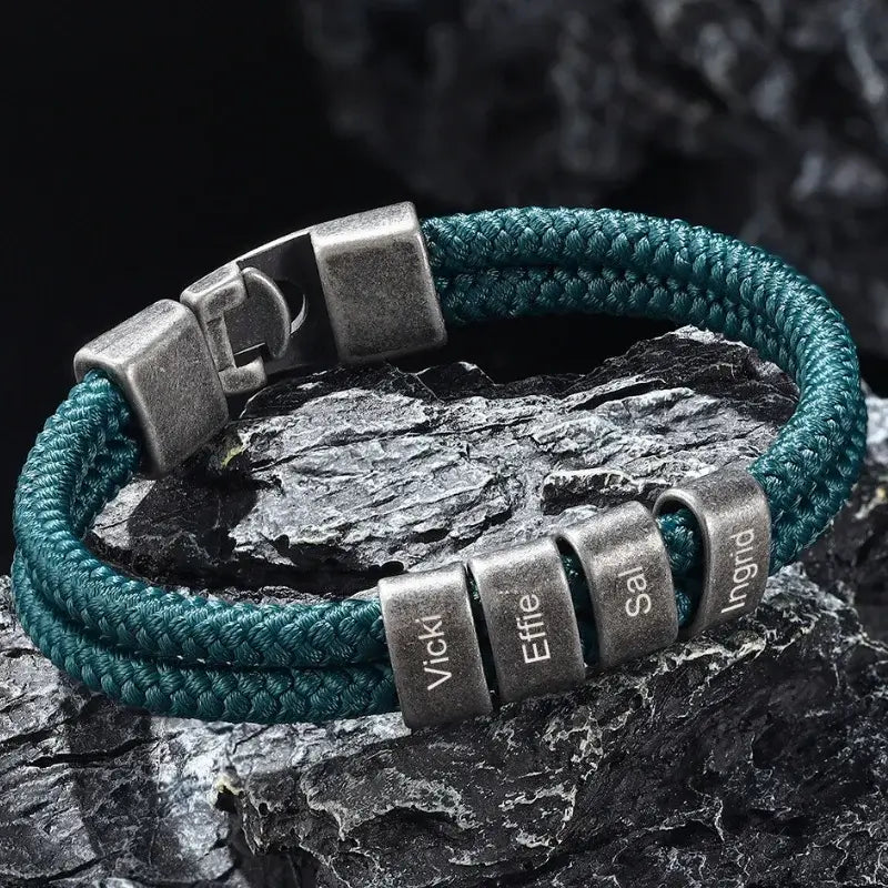 Bracciale Uomo Inciso – Cordoncino in Nylon Verde e Acciaio Inox, Fino a 4 Nomi, Regalo per Papà e Marito