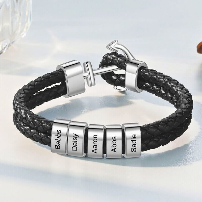 Bracciale Uomo Inciso in Pelle – Charm Ancora e 2-5 Perline con Nome in Acciaio Inox, Regalo per Papà