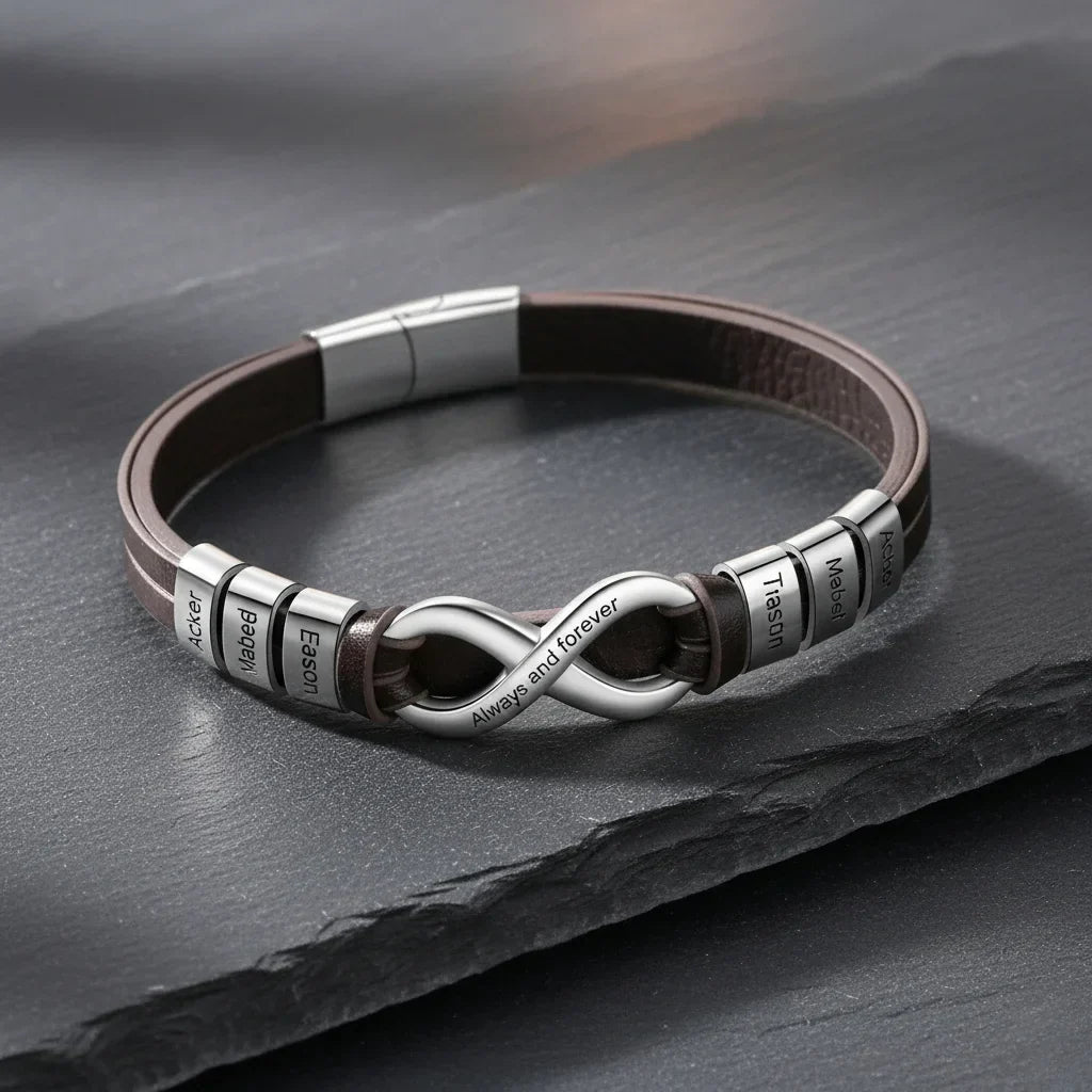 Bracciale Uomo Inciso in Pelle – Chiusura in Acciaio con 2-6 Nomi, Nero o Marrone, Regalo per Papà