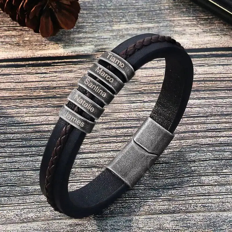 Bracciale Uomo Inciso in Pelle Nera – da 2 a 5 Perline con Nome in Acciaio Inox, Regalo per Papà