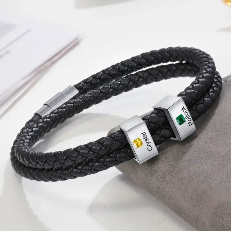 Bracciale Uomo in Pelle Nera e Acciaio – Nomi Incisi e Pietre di Nascita in Zircone