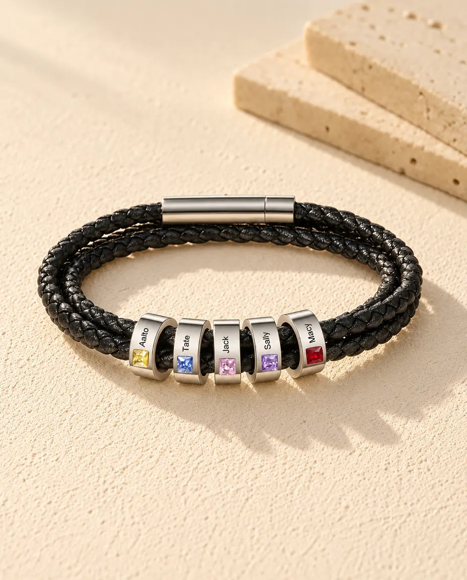 Bracciale Uomo Inciso - versione con 5 nomi e pietre di nascita