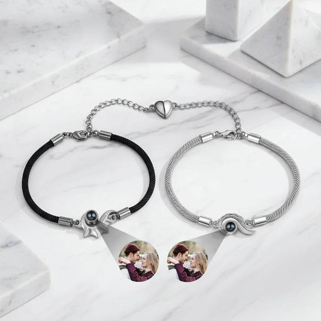 Bracciali di Coppia con Foto Dentro – Charm Conchiglia e Chiusura a Cuore Magnetica, Set da 2