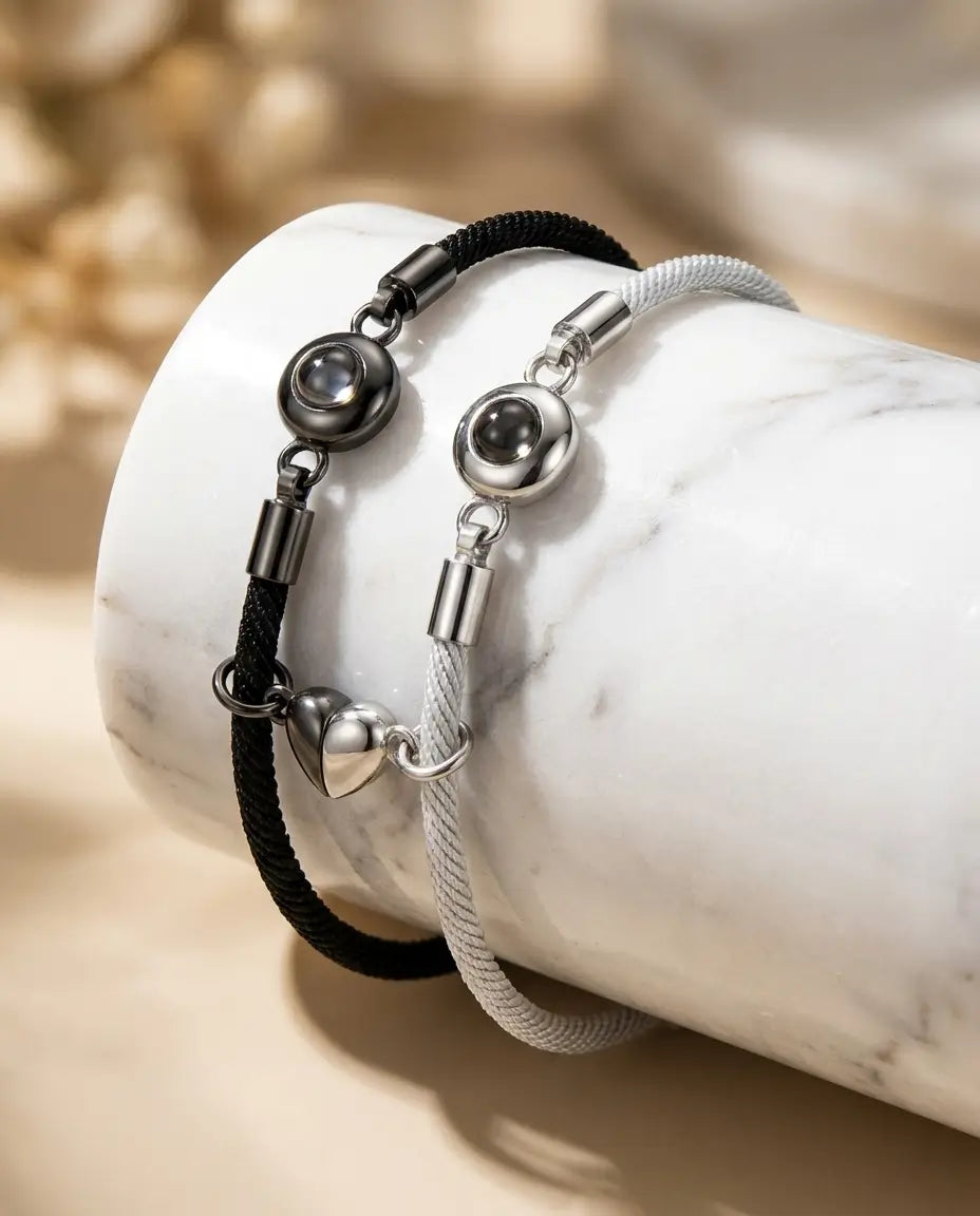 Bracciali di Coppia con Foto Dentro – Cuori Magnetici e Corda Intrecciata, Set da 2