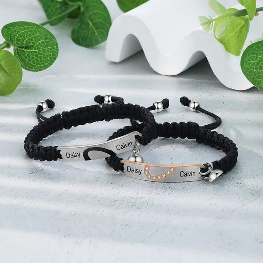 Bracciali di Coppia con Cuori Magnetici e Nome Inciso – Acciaio Inox e Corda Intrecciata, Set da 2