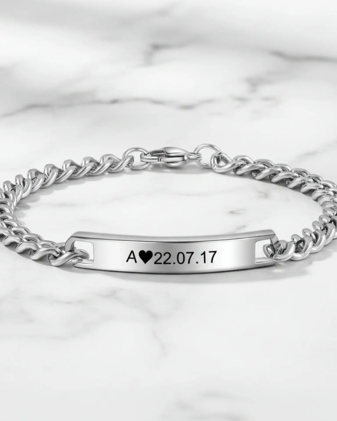 Bracciali di Coppia Incisi – Set Abbinato con Piastrina, Iniziale e Data, Catena Grumette