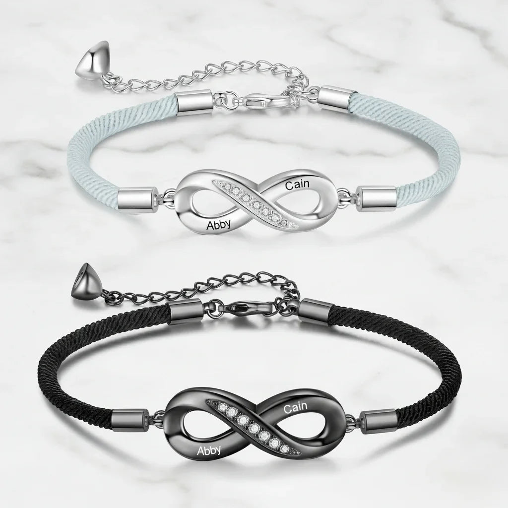 Bracciali di Coppia con Simbolo Infinito Inciso e Nomi – Rame, Set da 2, Regalo per Anniversario