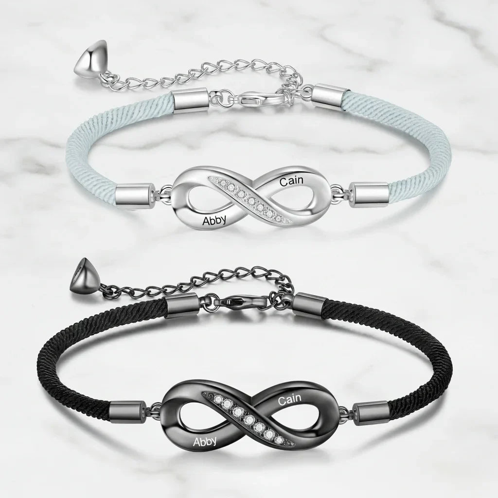 Bracciali di Coppia con Simbolo Infinito Inciso e Nomi – Rame, Set da 2, Regalo per Anniversario