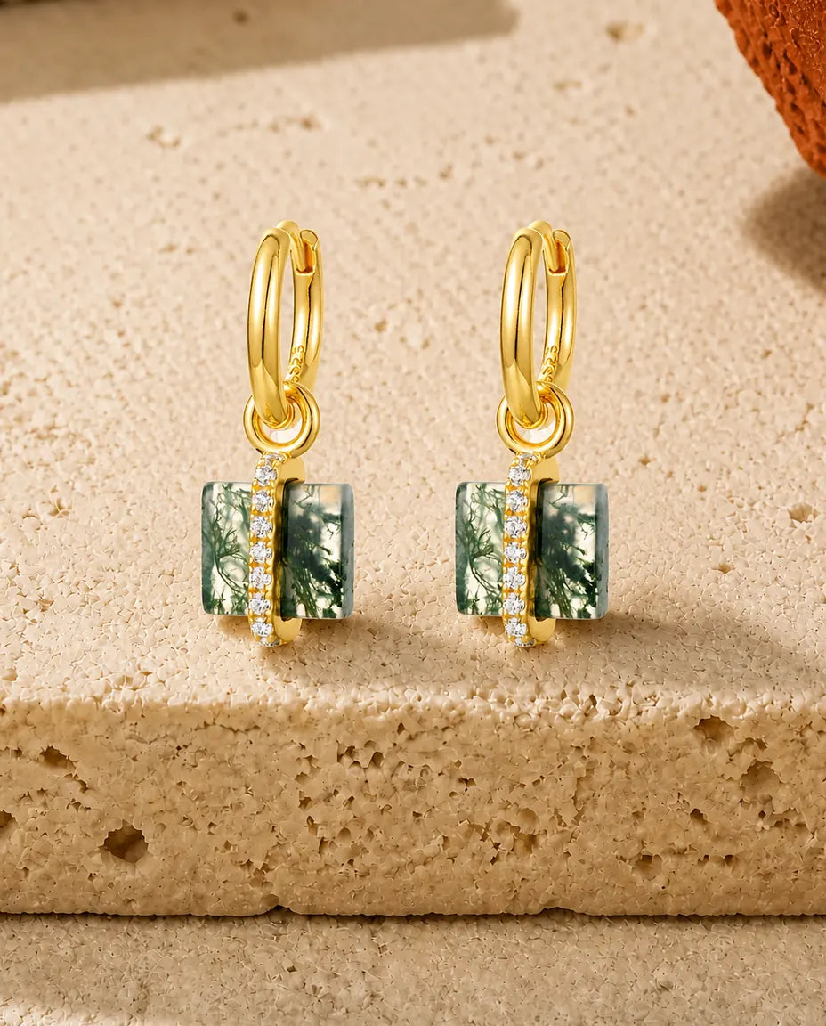 Cerchi in agata muschiata - Blocco quadrato di agata muschiata con barretta pavé, argento 925 placcato oro 10 carati