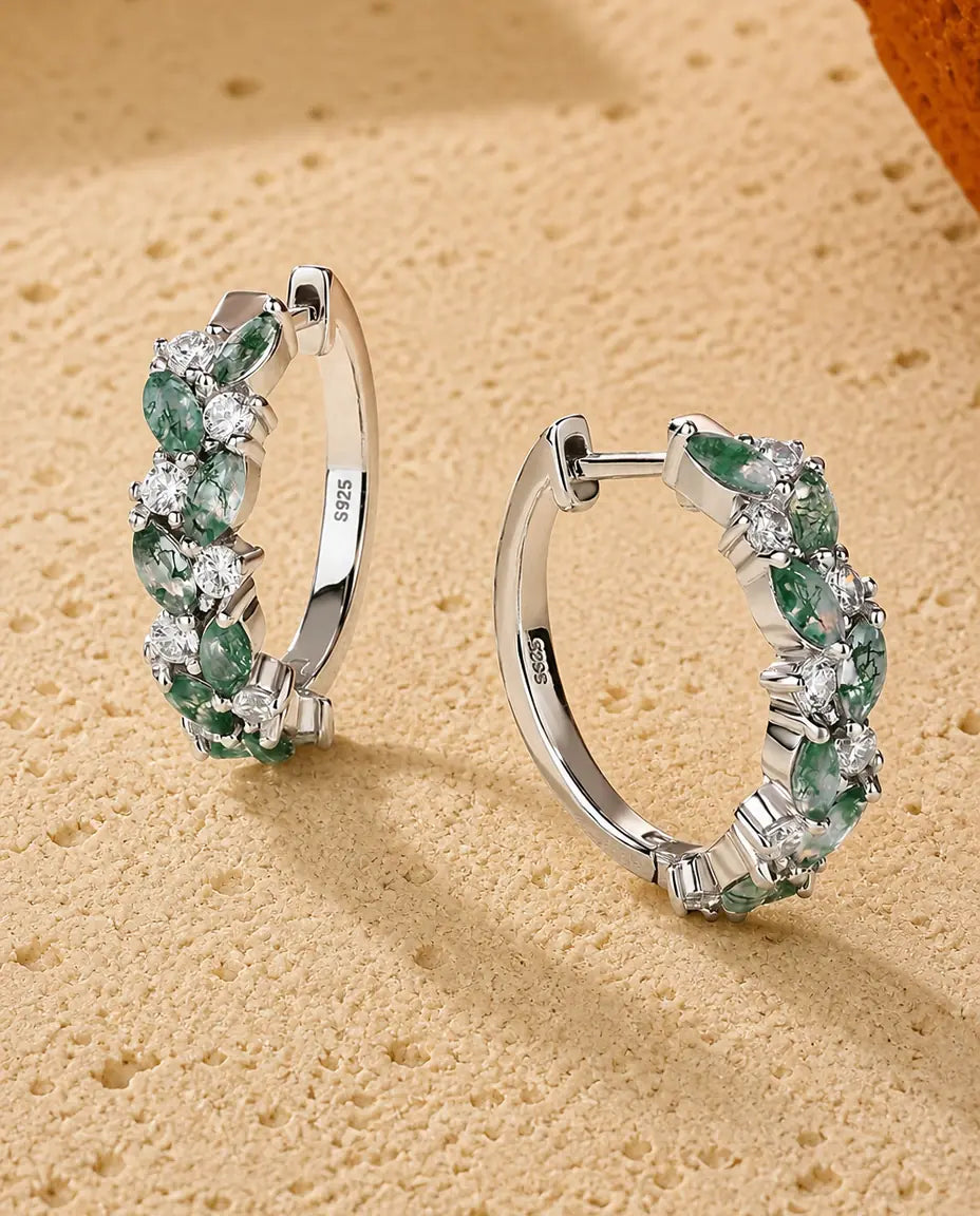 Cerchi in agata muschiata - Marquise di agata verde e zirconi incastonati tutt'intorno, argento 925, regalo per lei
