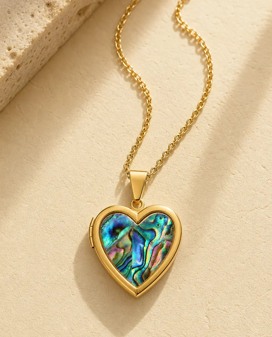 Collana Portafoto Cuore in Madreperla o Abalone per 2 Foto, Ciondolo Apribile con Incisione, Oro o Argento