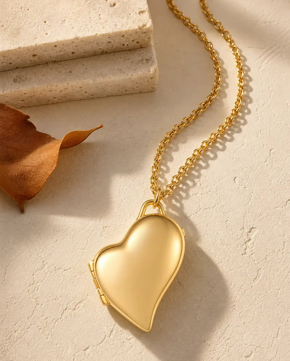 Ciondolo portafoto cuore asimmetrico con 2 foto, collana in acciaio argentato o dorato