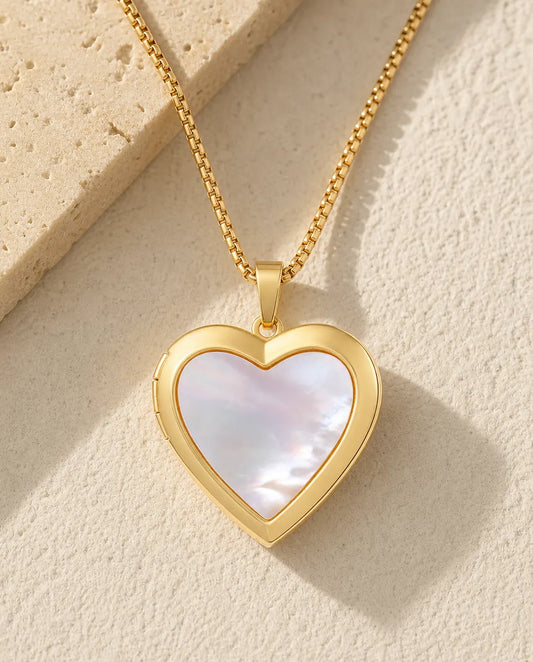 Collana Portafoto Cuore in Madreperla per 2 Foto, Ciondolo Apribile Placcato Oro, Regalo Personalizzato