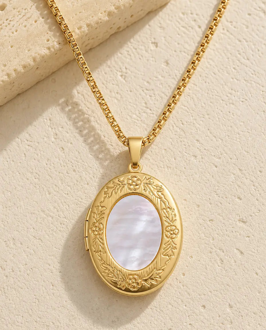 Collana Portafoto Ovale in Madreperla per 1 Foto, Ciondolo Floreale Vintage Placcato Oro, Regalo per Lei
