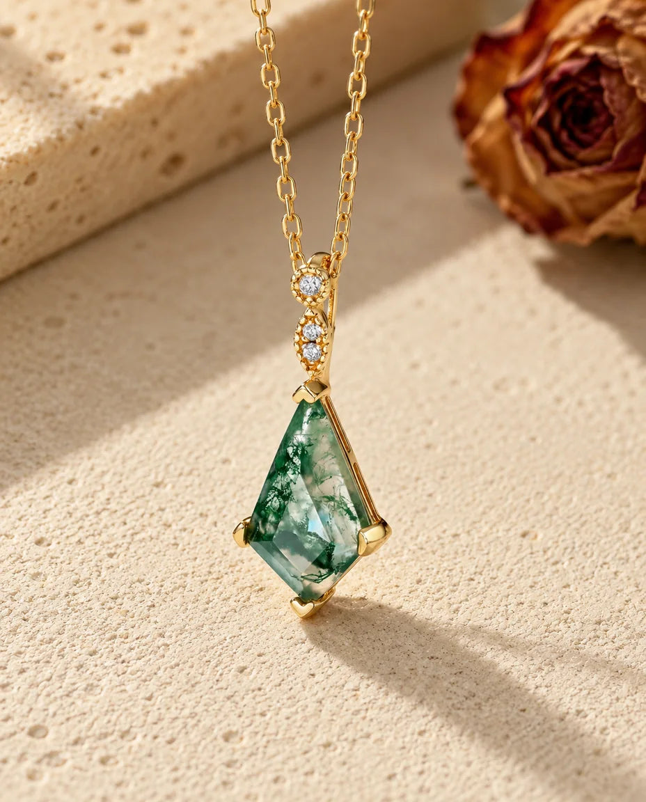 Collana Agata Muschiata Taglio Aquilone Placcata Oro 10K su Argento 925 - vista frontale