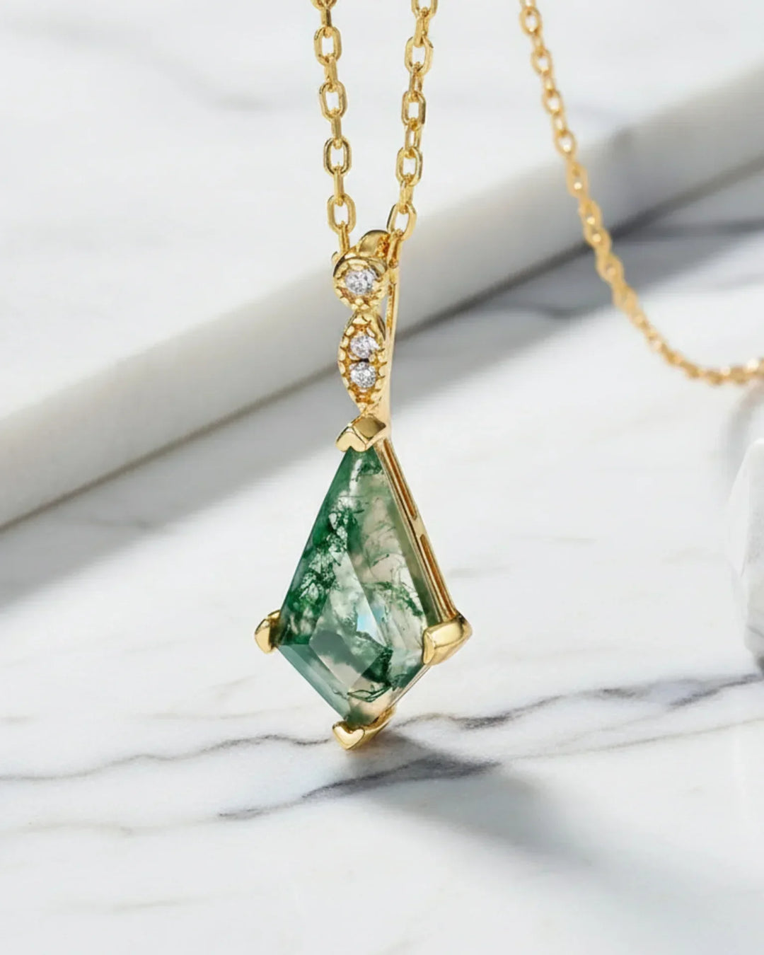 Collana Agata Muschiata Taglio Aquilone Placcata Oro 10K su Argento 925, Regalo per Lei