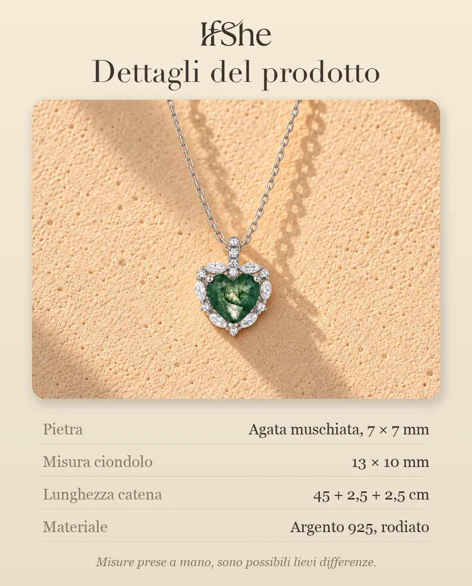 Collana Agata Muschiata Cuore Halo in Argento 925 - dettagli del prodotto: pietre, misura del ciondolo, lunghezza della catena e materiale