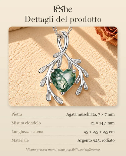 Collana Agata Muschiata Cuore con Rami in Argento 925 - dettagli del prodotto: pietre, misura del ciondolo, lunghezza della catena e materiale