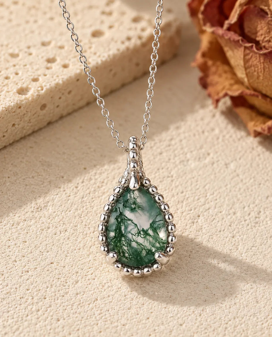 Collana Agata Muschiata Goccia 6x8 mm in Argento 925 - vista frontale