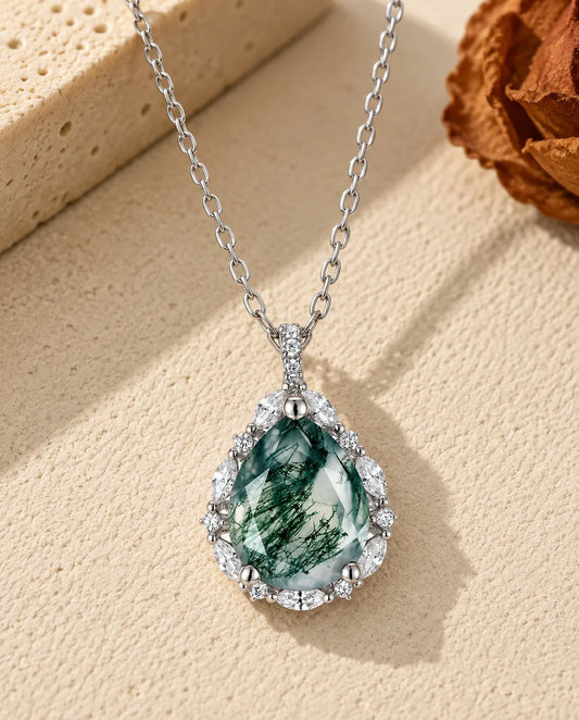 Collana Agata Muschiata Taglio Goccia con Halo di Zirconi - vista frontale