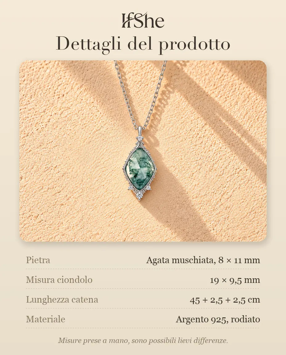 Collana Agata Muschiata a Losanga in Argento 925 - dettagli del prodotto: pietre, misura del ciondolo, lunghezza della catena e materiale
