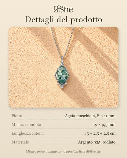 Collana Agata Muschiata a Losanga in Argento 925 - dettagli del prodotto: pietre, misura del ciondolo, lunghezza della catena e materiale