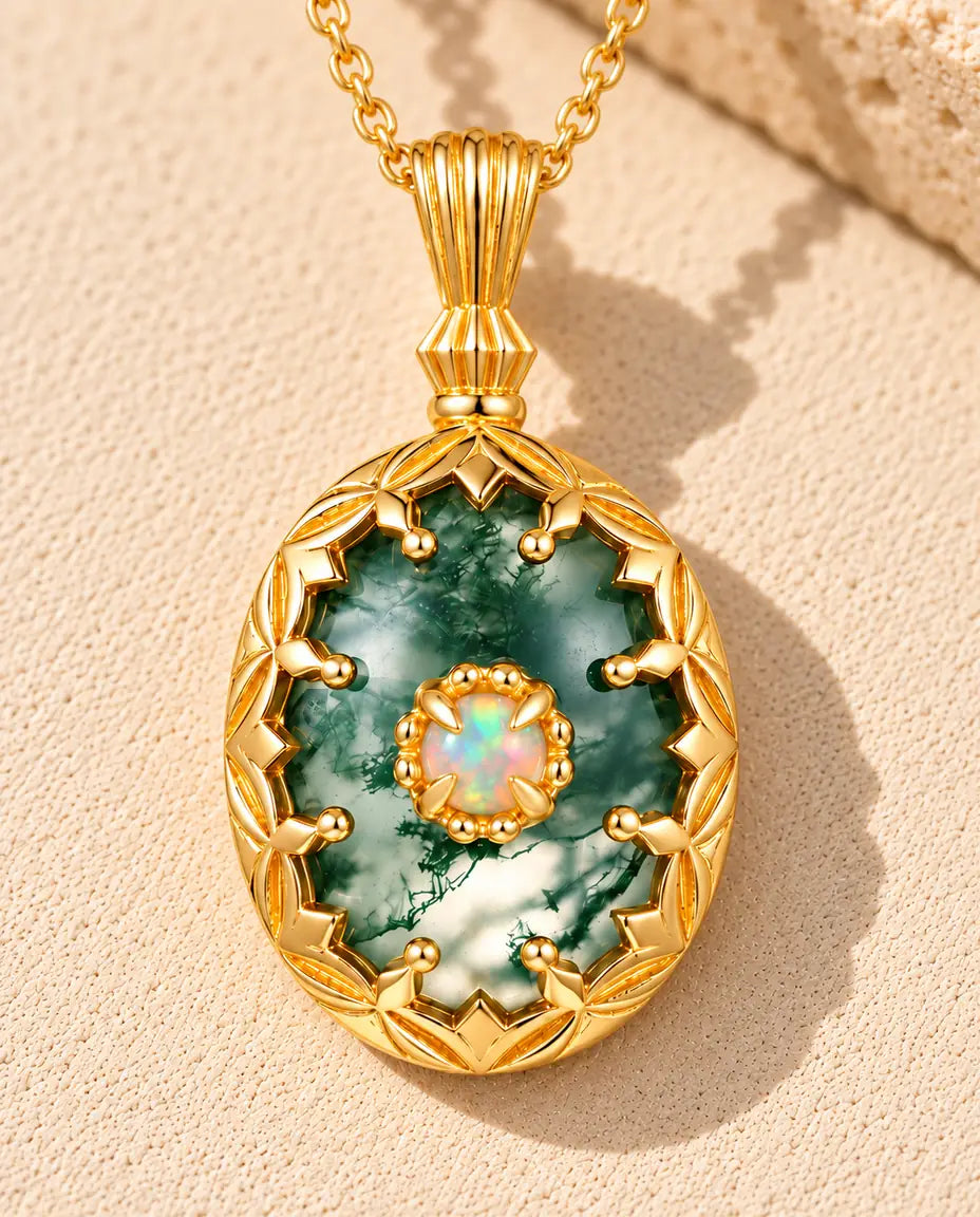 Collana Agata Muschiata Ovale in Argento 925 Placcato Oro - appoggiata su una superficie chiara ruvida accanto a un blocco di travertino