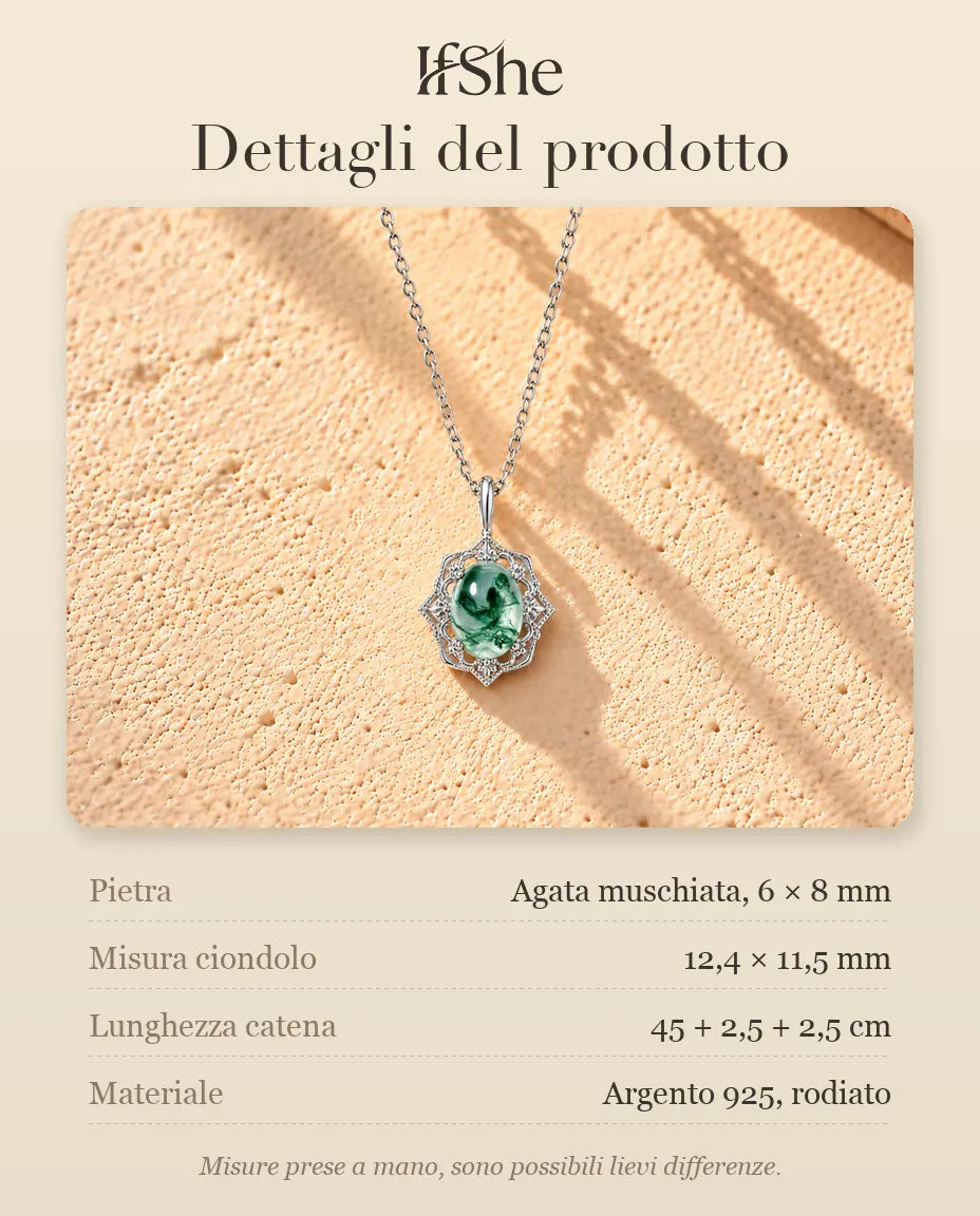 Collana con Ciondolo Vintage in Agata Muschiata e Argento 925 - dettagli del prodotto: pietre, misura del ciondolo, lunghezza della catena e materiale