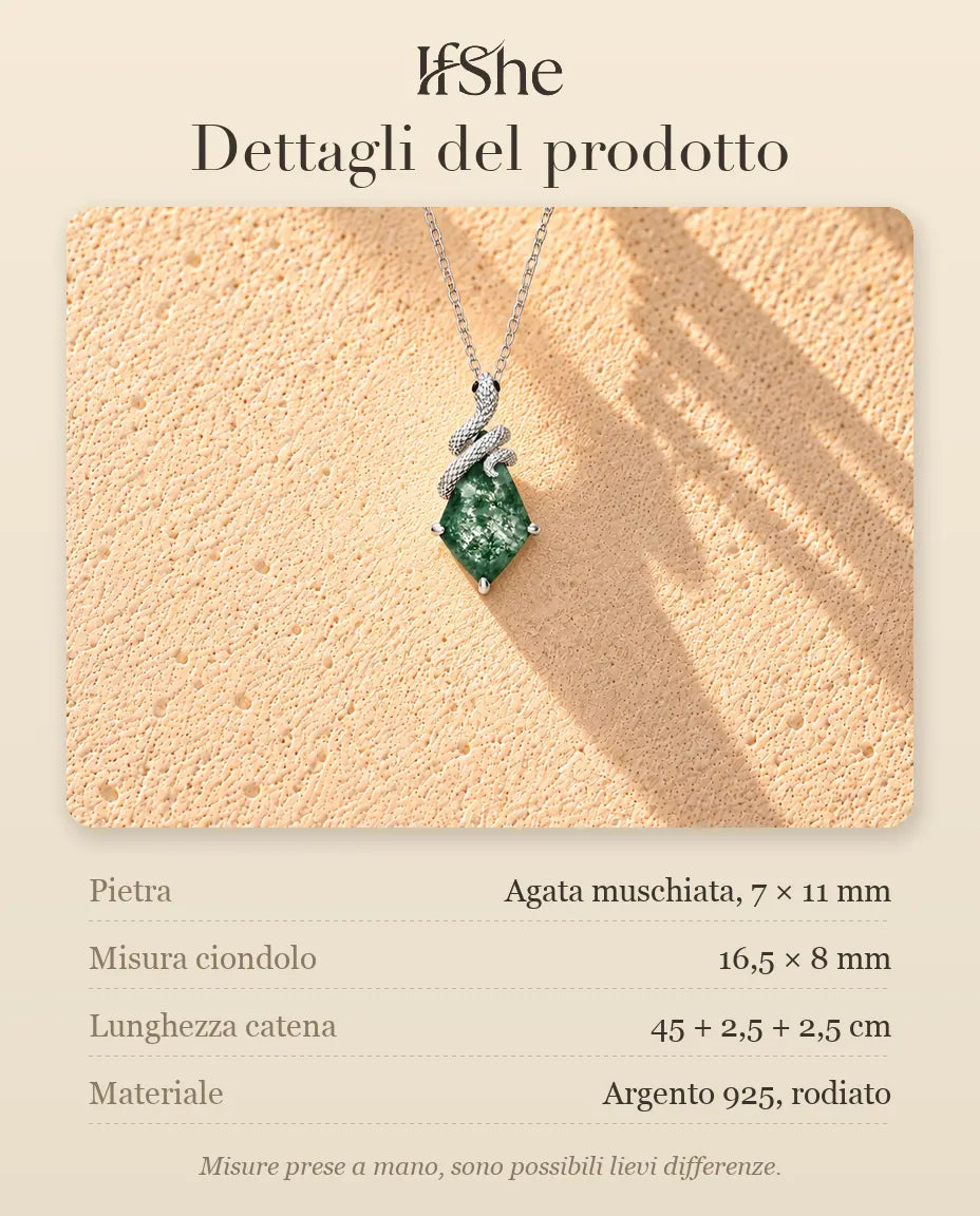 Collana Agata Muschiata Serpente in Argento 925 - dettagli del prodotto: pietre, misura del ciondolo, lunghezza della catena e materiale