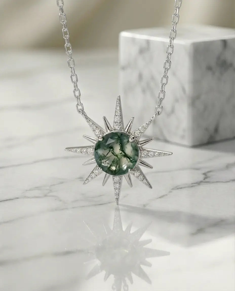 Collana Agata Muschiata Ciondolo Sole Raggiante, Argento 925, Regalo Compleanno per Lei