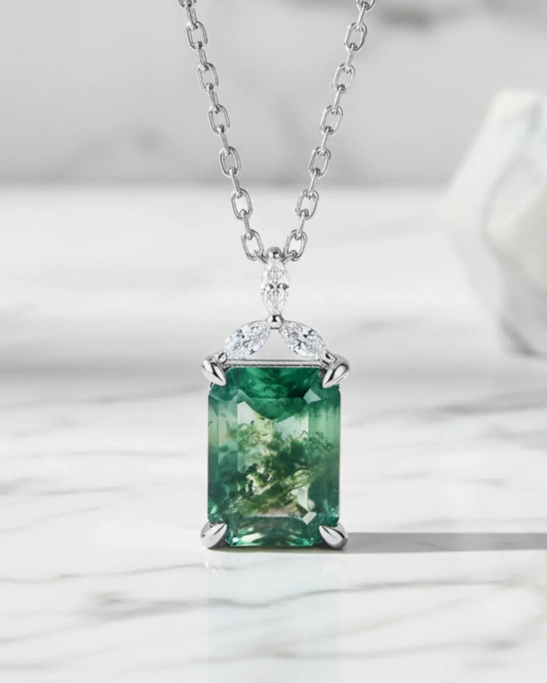 Collana Agata Muschiata Taglio Smeraldo con Zirconi Marquise, Argento 925, Regalo per Lei