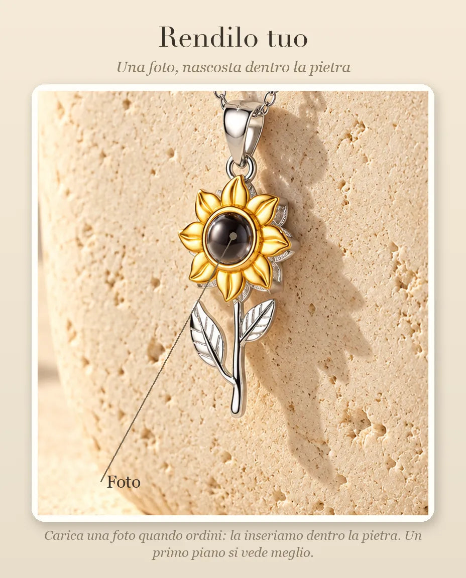 Guida alla personalizzazione: dove va la tua foto dentro la pietra della collana a girasole