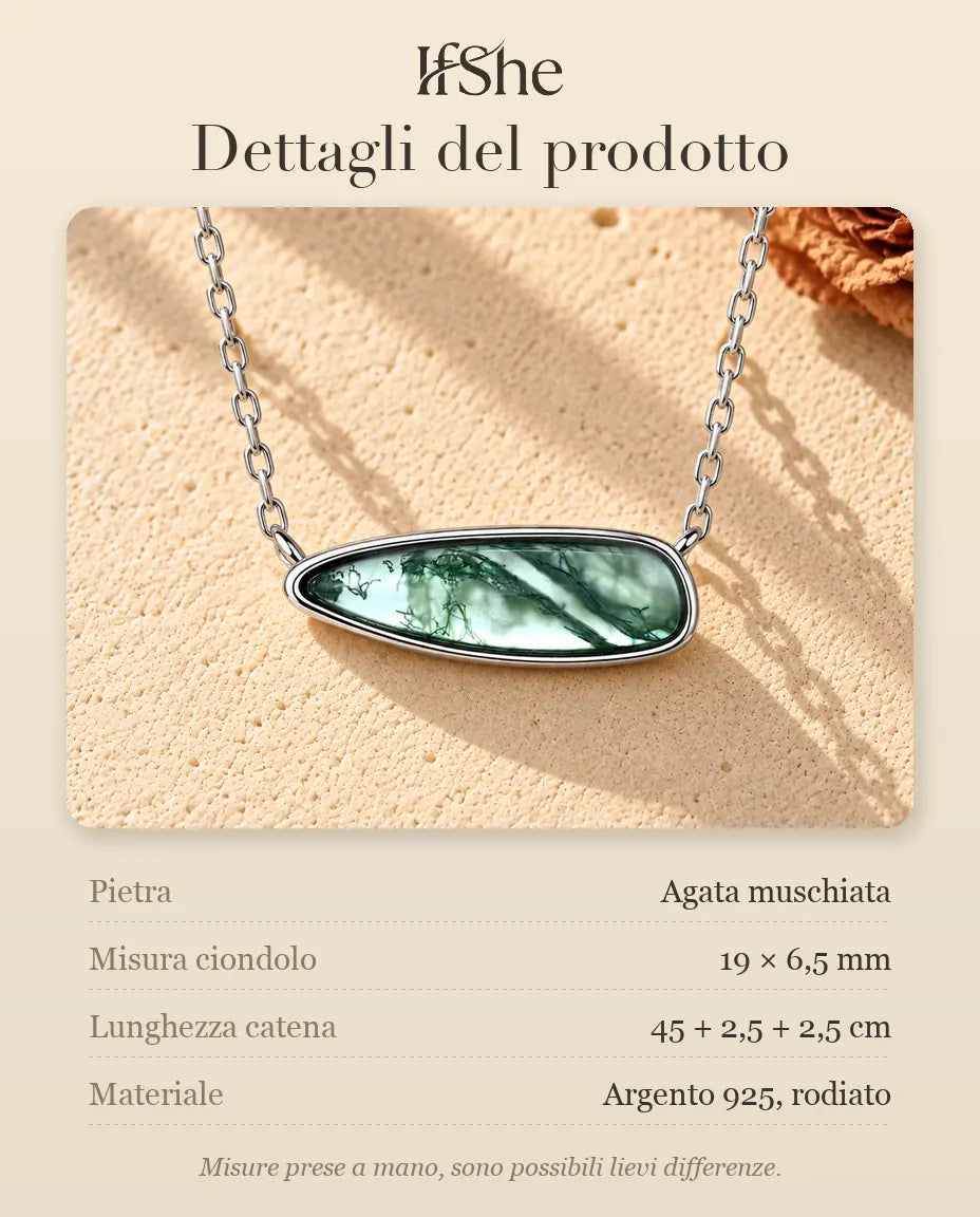 Collana Barretta Agata Muschiata in Argento 925 - dettagli del prodotto: pietre, misura del ciondolo, lunghezza della catena e materiale