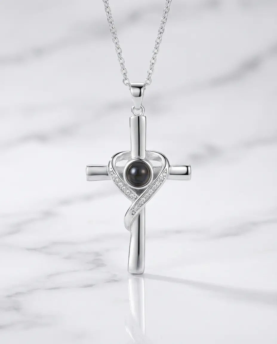 Collana con Foto Dentro – Ciondolo Croce e Cuore in Argento 925, Argento o Oro, Regalo per Lei