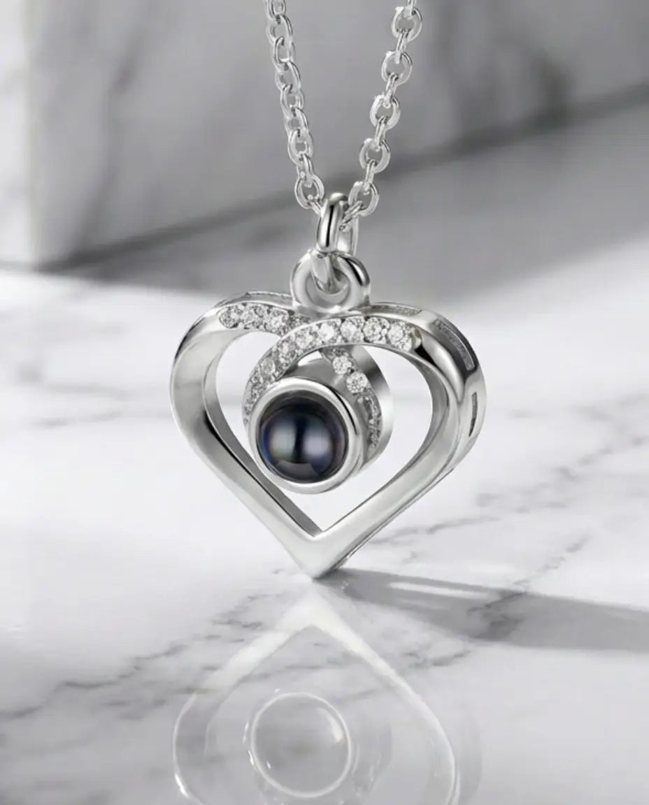 Collana con Foto Dentro – Ciondolo Cuore e Infinito, Finitura Argento o Oro Rosa, Regalo per Lei