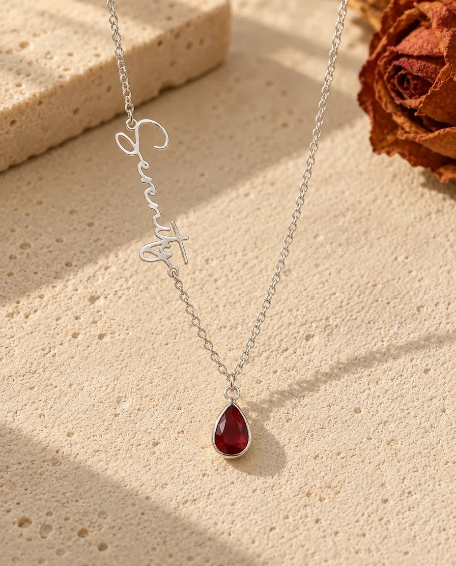 Collana con Nome e Pietra di Nascita - vista frontale in argento