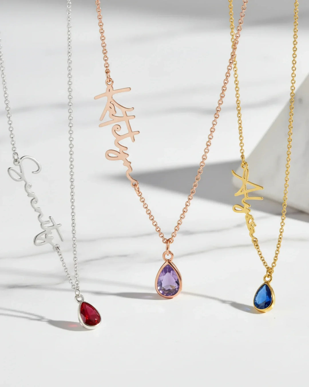Collana con Nome e Pietra di Nascita – Ciondolo Personalizzato in Zircone, Argentato, Dorato o Oro Rosa