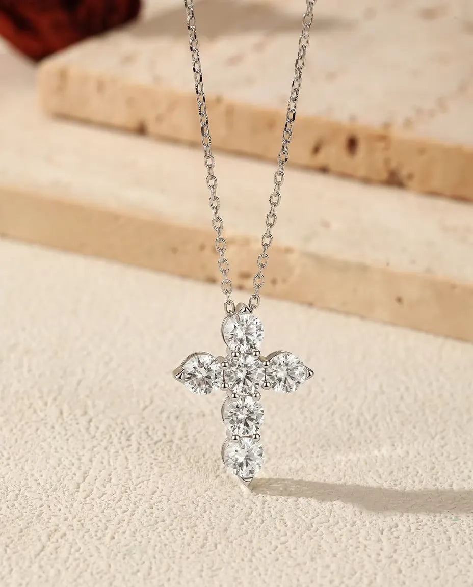 Collana con Croce di Moissanite - sei pietre da 0,50 ct colore D, ciondolo 17,5 x 22,5 mm, argento 925