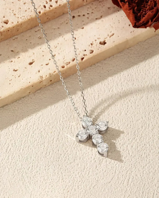 Collana con Croce di Moissanite - sei pietre da 0,50 ct colore D, ciondolo 17,5 x 22,5 mm, argento 925