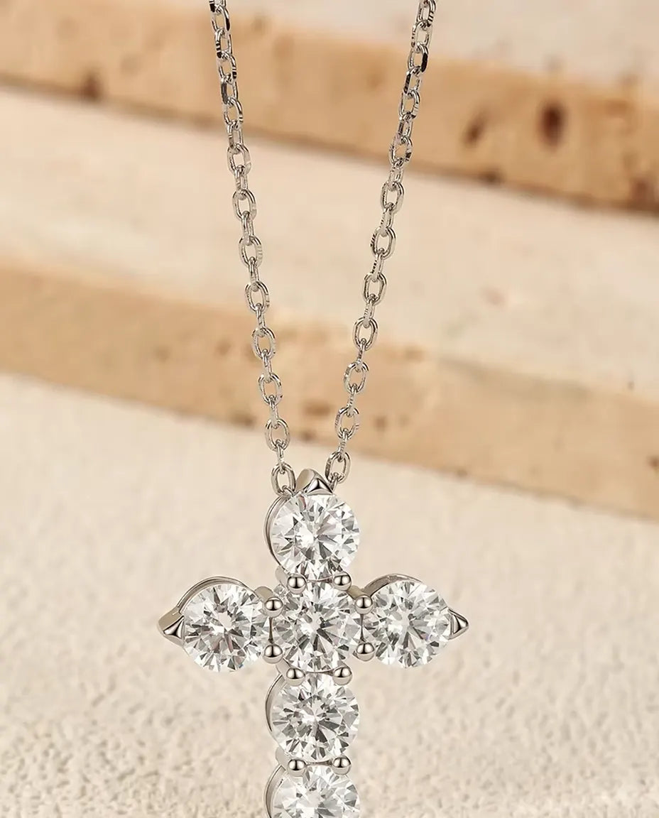 Collana con Croce di Moissanite - sei pietre da 0,50 ct colore D, ciondolo 17,5 x 22,5 mm, argento 925