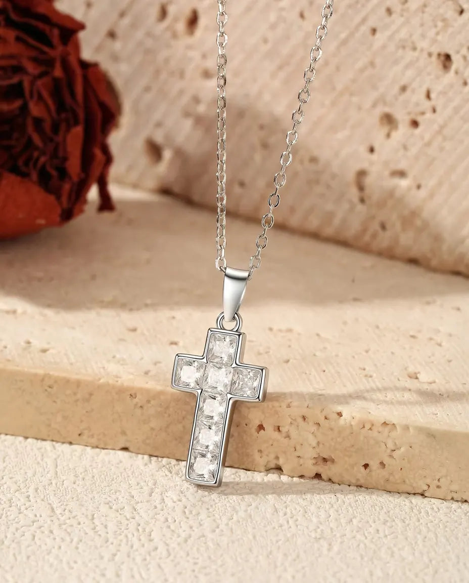 Collana con Croce Pavé - ciondolo 10 x 17 mm ad appiccagnolo fisso, catenina fine 40+5 cm in argento 925